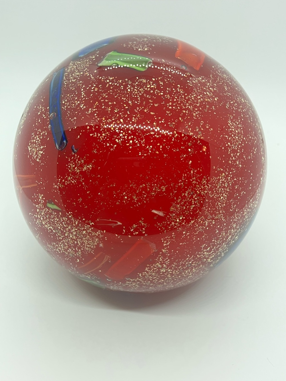 Vtg Large Red Art Glass Paperweight Sliced Cane Gold Dust Flecks Orb|  14” Circ.